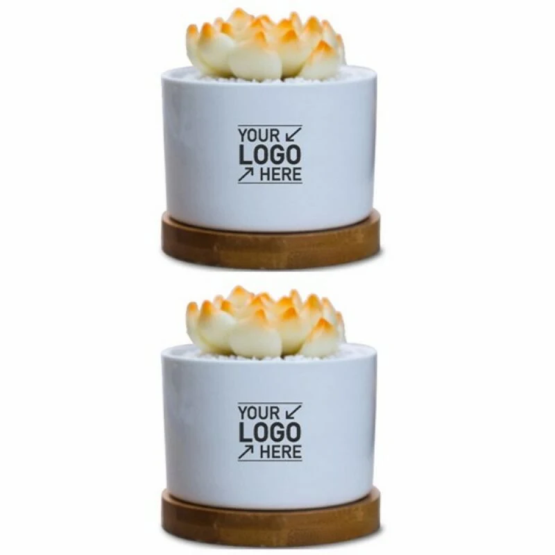Cylindrical White Ceramic Planter Pots With Bamboo Tray 1