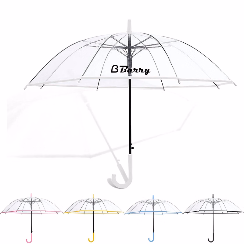 8-Rib Long-Handle Transparent Umbrella W/ Reflective Strip