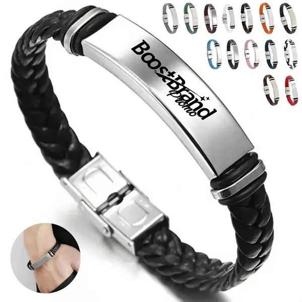 Custom Braided Leather Bracelet with Engraved Metal ID Bar — Executive Promo Gift 1