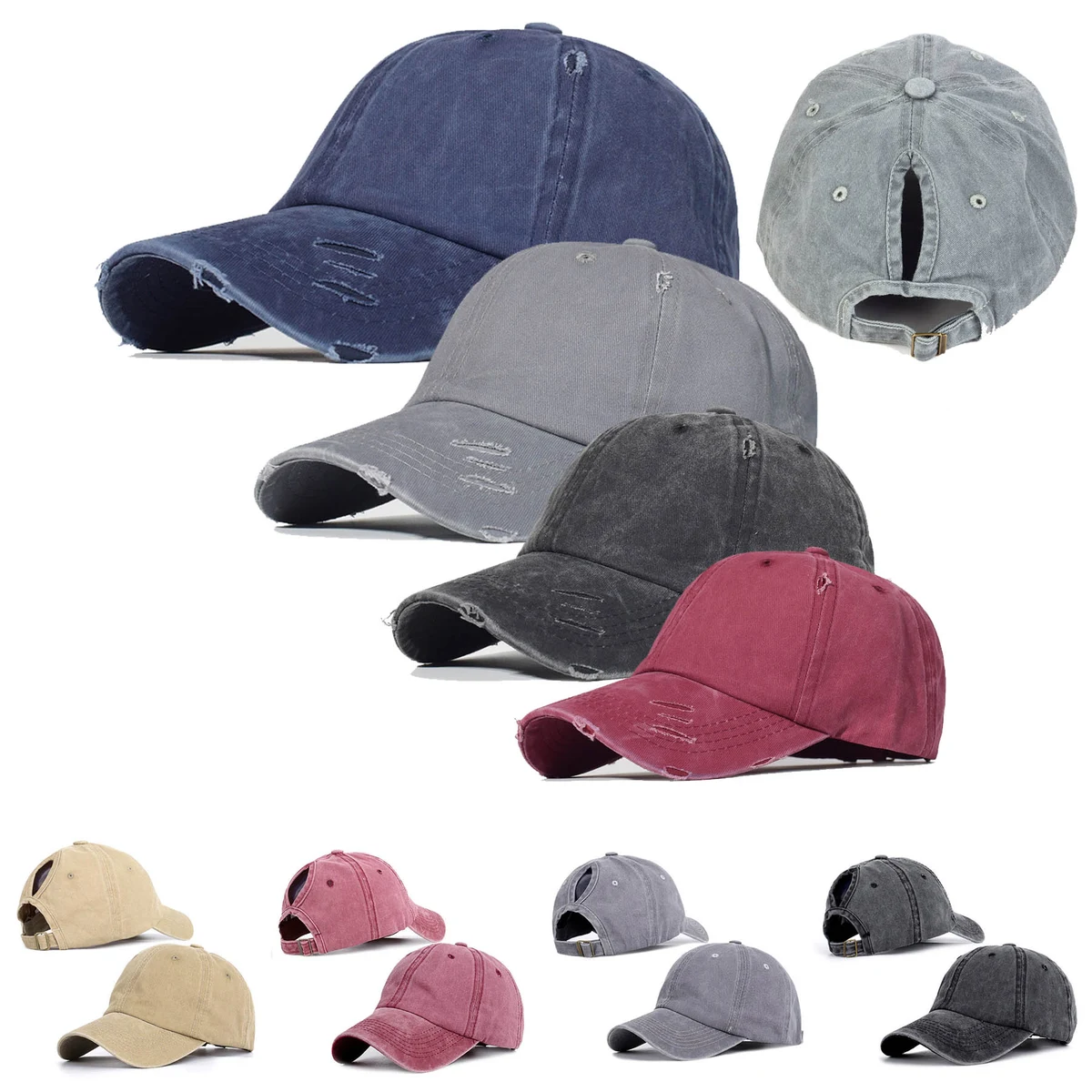 Washed Cotton Ponytail Braid Baseball Cap 1