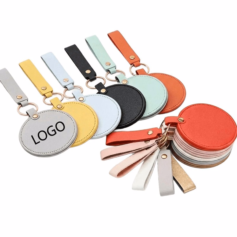 Round PU Leather Mirror Keychain