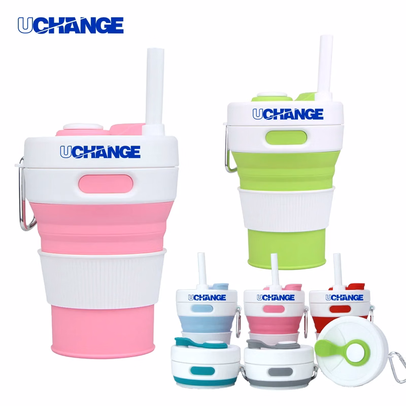 Collapsible Silicone Travel Cup With Straw And Handle