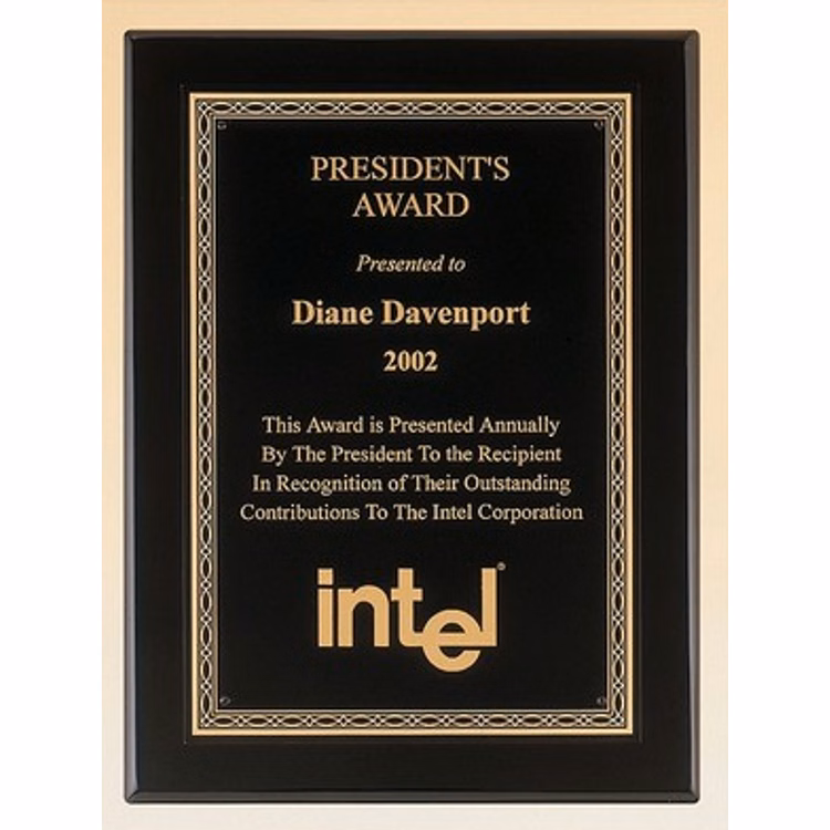 Black stained piano finish plaque with gold braided border 11" x 14" Award
