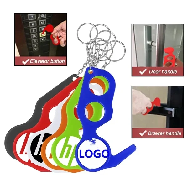 Custom No-Touch Door Opener Keychain with Finger Holes — Hygiene Safety Tool, custom keychain with logo imprint 1