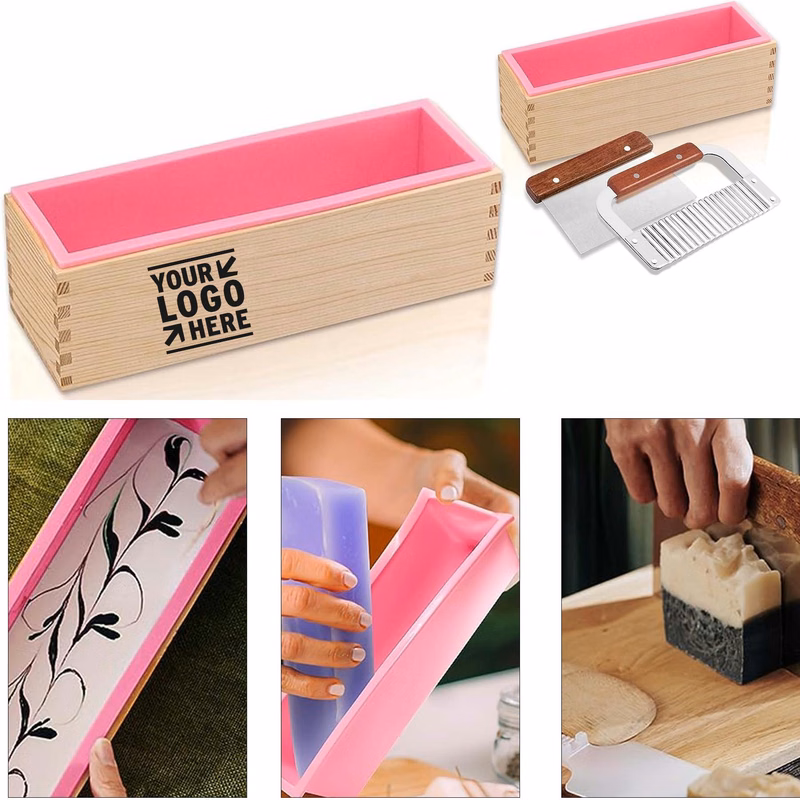 2 Pcs 42 oz Wooden Box Flexible Silicone Rectangular Loaf Soap Mold Kit with Stainless Steel Cutters