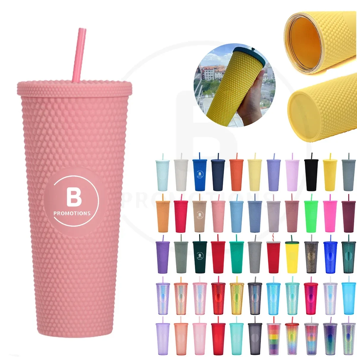 24oz Double Wall Plastic Studded Tumbler with Lid and Straw 1