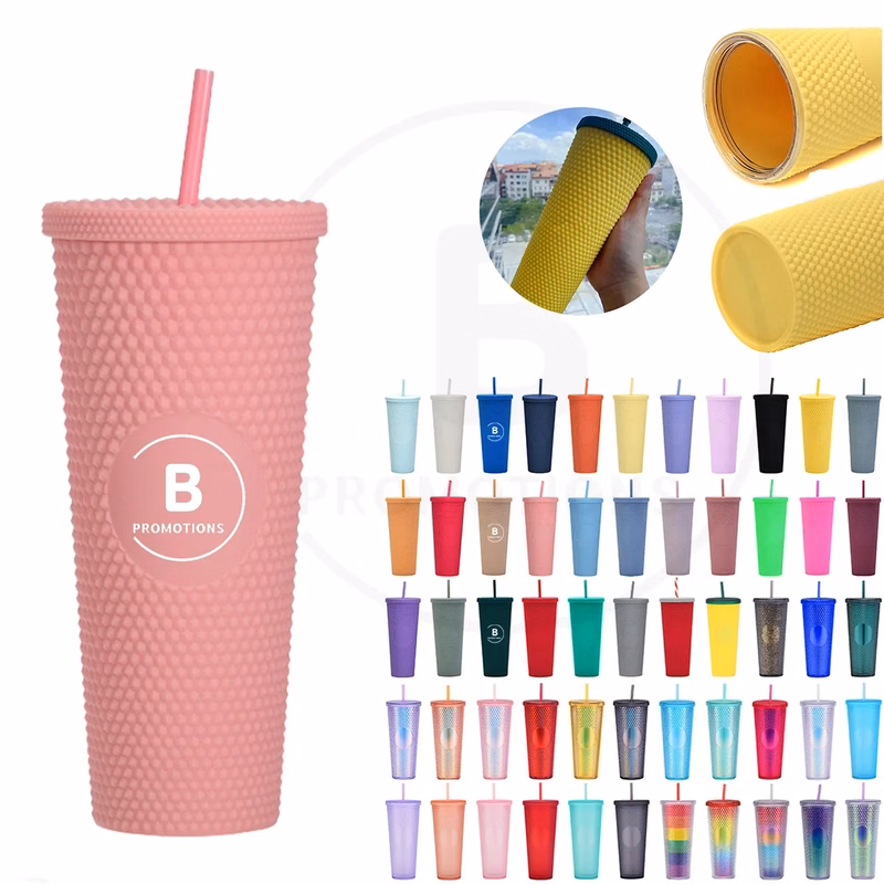 24oz Double Wall Plastic Studded Tumbler with Lid and Straw