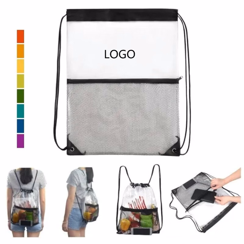 Clear PVC Drawstring Cinch Sack Backpack With Front Zipper