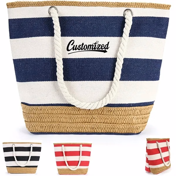 Custom Canvas & Jute Striped Beach Tote with Rope Handles — Summer Event Promo