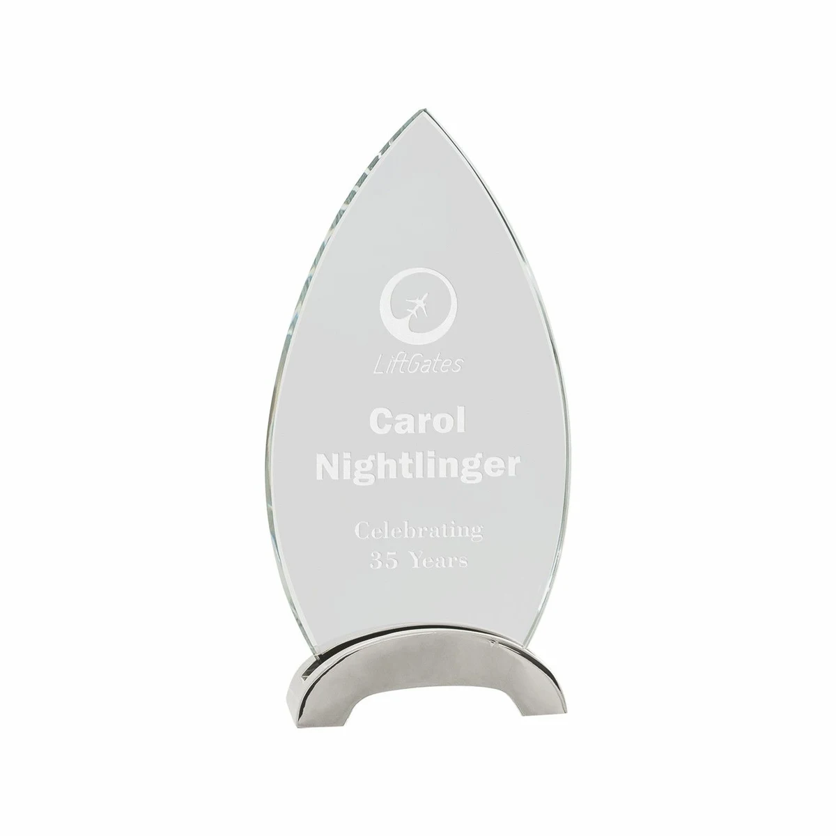 8 1/2" Clear Oval Platinum Glass Award w/ Arch Metal Base 1
