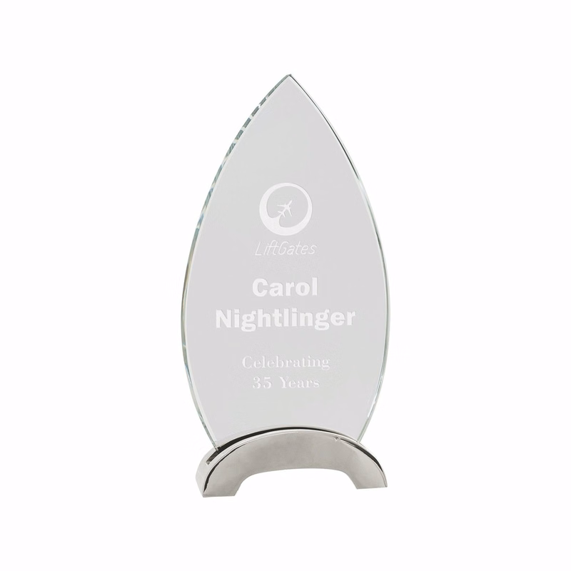 8 1/2" Clear Oval Platinum Glass Award w/ Arch Metal Base