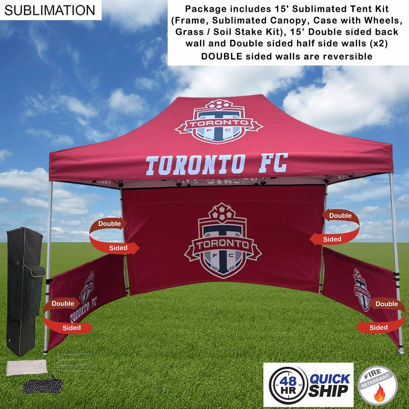 48Hr Quick Ship - 15' Sublimated Tent, 15' DOUBLE sided backwall and 2 DOUBLE sided half sidewalls