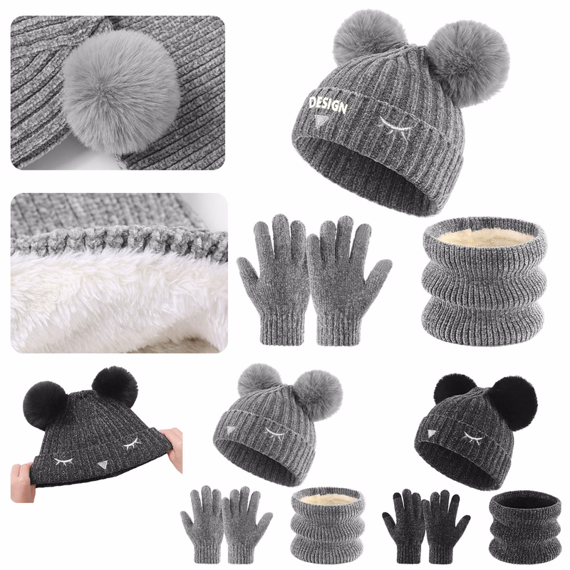 Children Three-Piece Winter Velvet Warm Knitted Hat Set