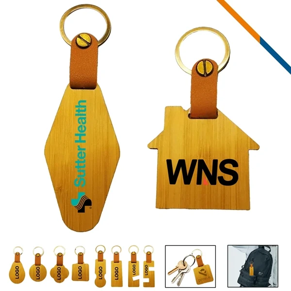 Custom Natural Bamboo Keychain 3.14 Inches with Metal Ring & Leather — Eco Promo 1