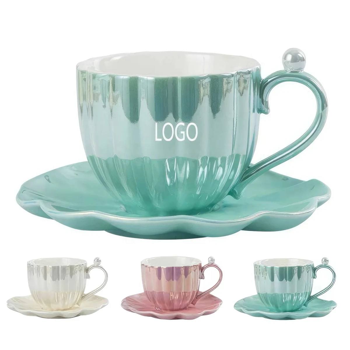 8oz Ceramic Pearl Elegant Coffee Cup and Saucer Set 1