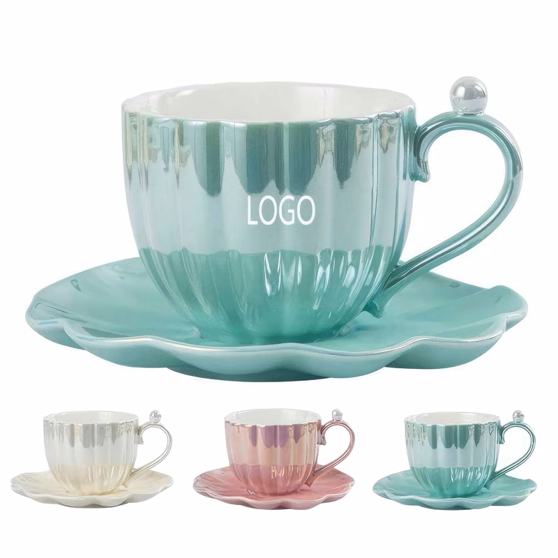8oz Ceramic Pearl Elegant Coffee Cup and Saucer Set