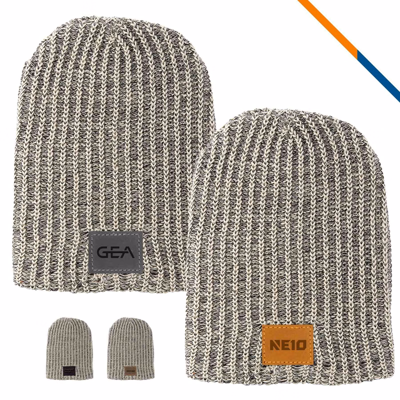 KnitPuff Leather Patch Knit Beanie