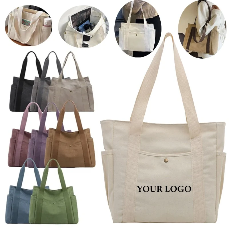 Tote Cotton Canvas Bag With Pockets Solid Large Capacity For Woman, custom tote bag with logo imprint 1