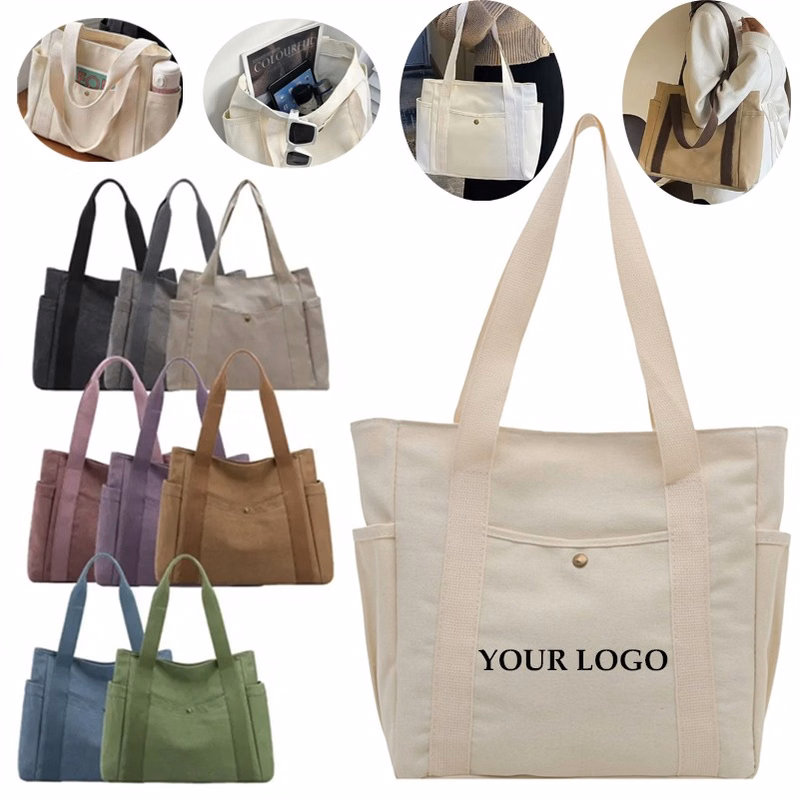 Tote Cotton Canvas Bag With Pockets Solid Large Capacity For Woman