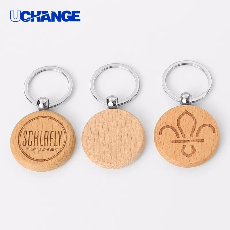 Circular Beech Wood Laser Engraved Keychain for Branding