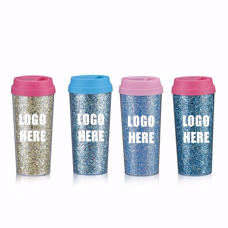 Custom Transparent AS Plastic Sequin Coffee  Travel Tumbler