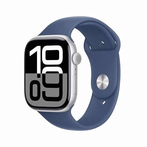 Apple Watch Series 10 [GPS 46mm case] Smartwatch with Silver Aluminium Case with Denim Sport Band...