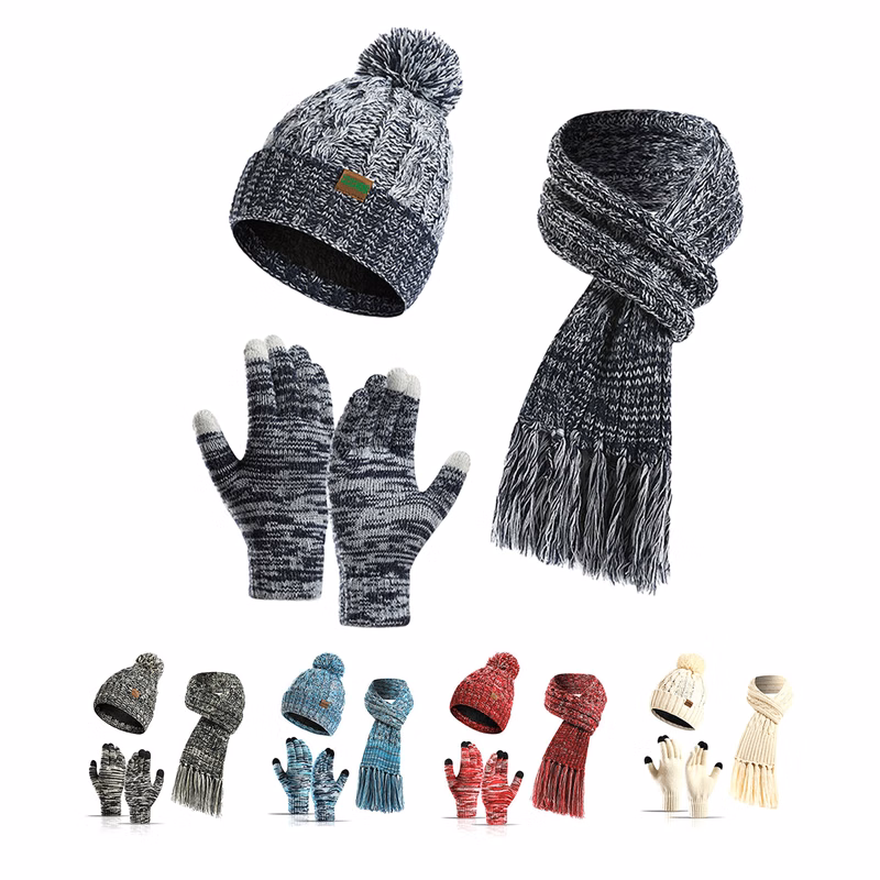 MOQ50 Personalized Winter Knit Hat Scarf Touchscreen Gloves Set