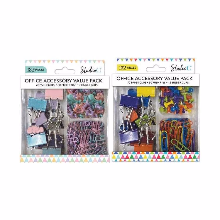 Office Accessory Value Packs - Paper Clips Push Pins Binder Clips