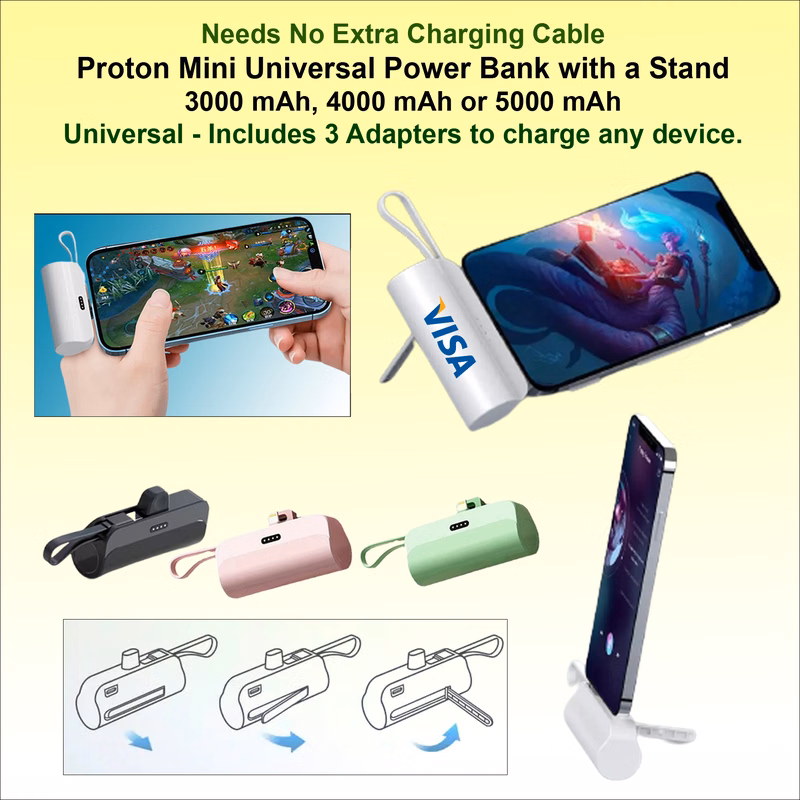 Proton Mini Universal Power Bank with integrated stand, Universal, 5000 mAh – Includes 3 adapters to