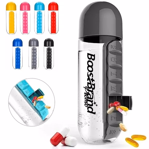 Custom 2 in 1 Pill Organizer Water Bottle with 7 Day Holder — Wellness Essential