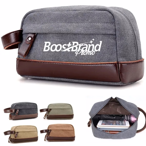 Custom Canvas Toiletry Bag with Leather Trim — Travel Grooming Essentials Organizer