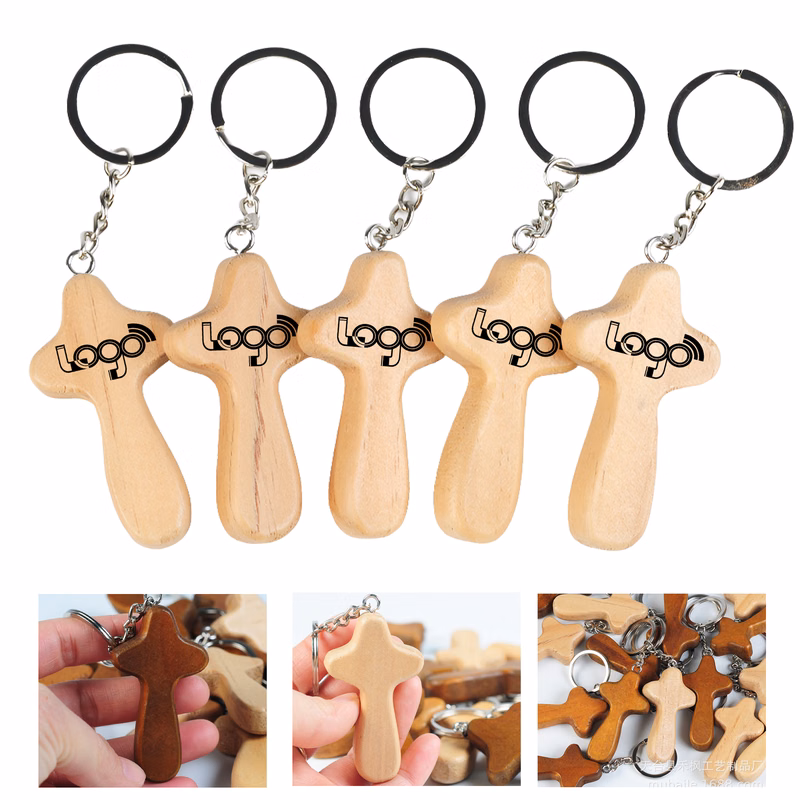 Natural Wood Cross Keychain