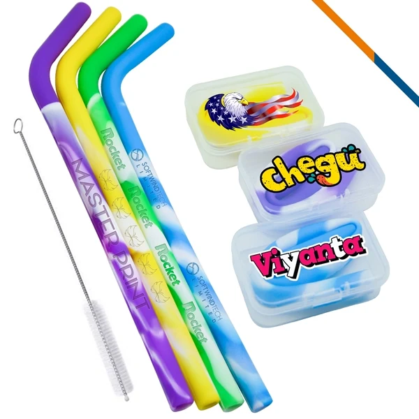 Custom Silicone Ribbon Stripe Straws 8.46 Inch with Case — Eco Promo 1