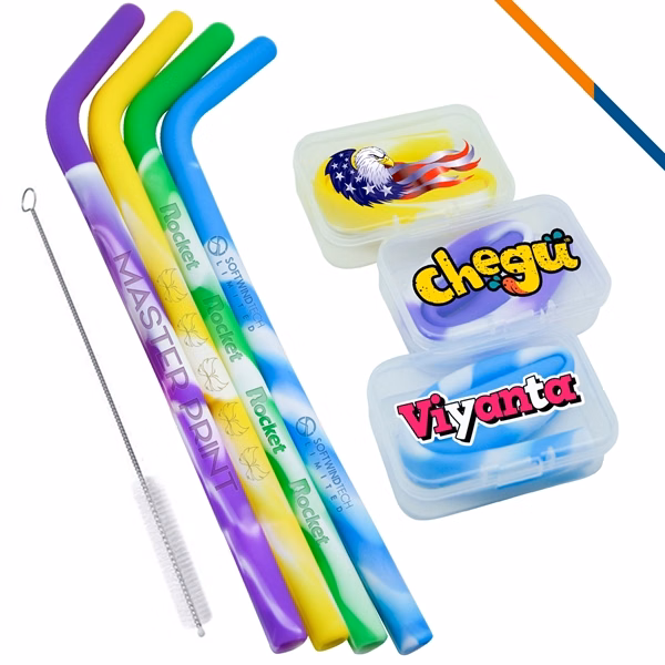 Custom Silicone Ribbon Stripe Straws 8.46 Inch with Case — Eco Promo