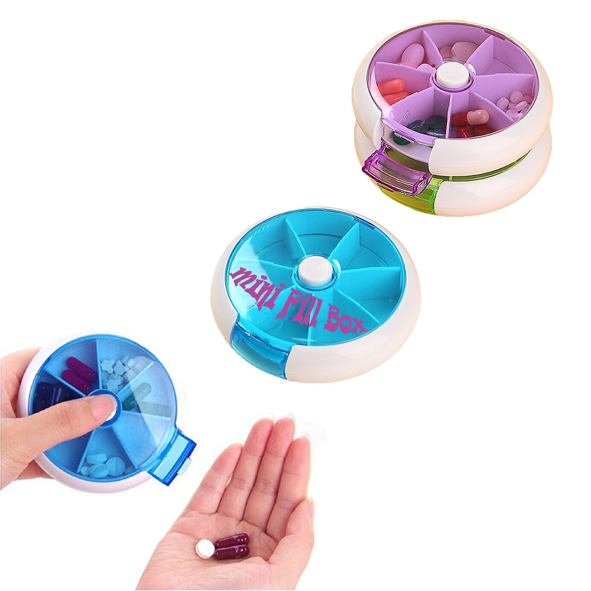 Convenient 7-grid Round Rotating Plastic Mini Pill Box 1