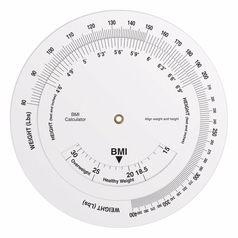 .020 White Plastic Body Mass Index Wheel Calculator (6" dia.), Spot Colours