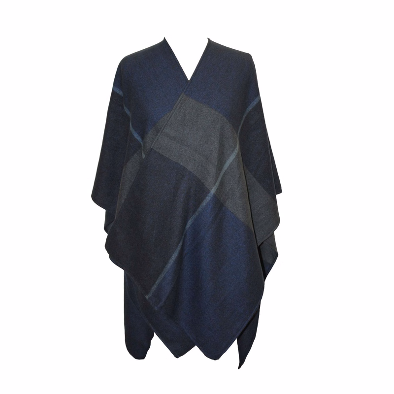 Navy and Dark Gray Plaid Viscose Blend Blanket Wrap