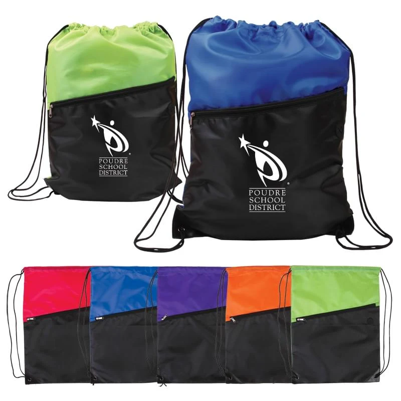 Two-Tone Poly Drawstring Backpack with Zipper Front Pocket 1