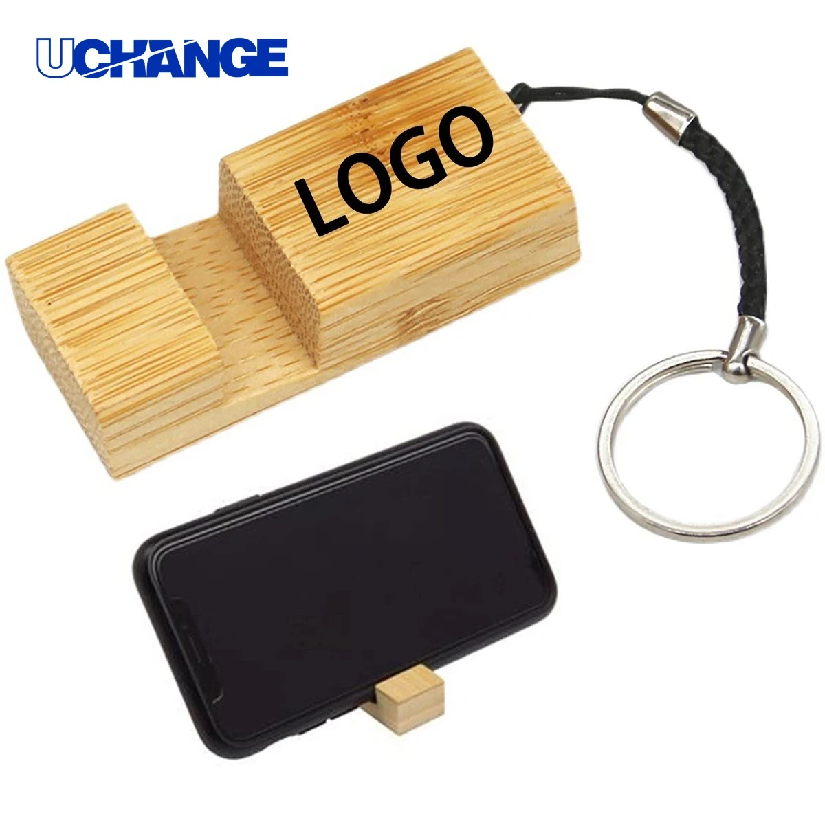 Bamboo Phone Stand with Keychain 1