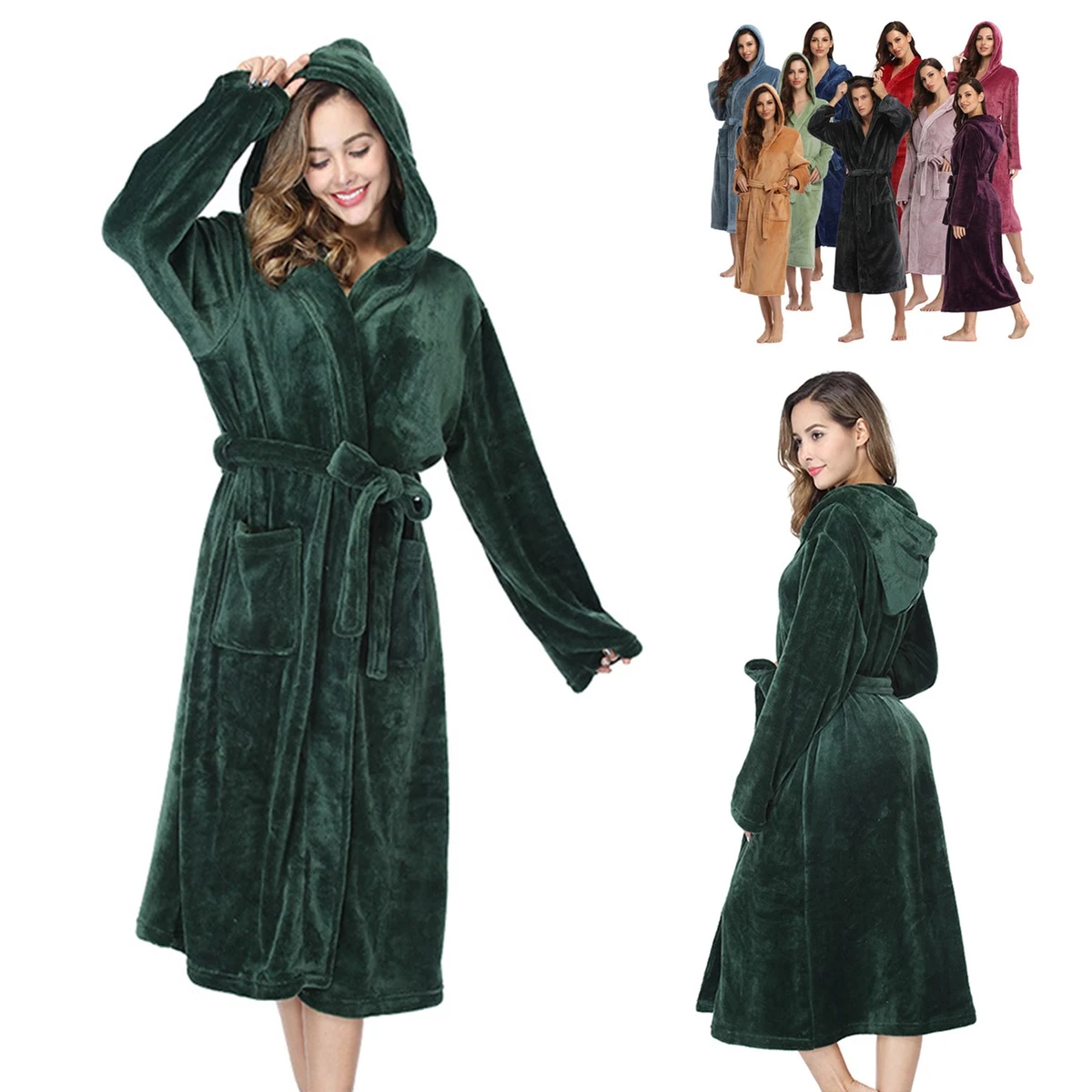 Flannel Hooded Kimono Bath Robe Gown 1
