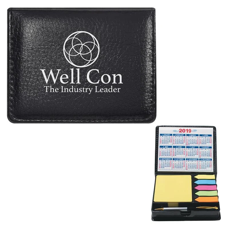 Square Leather Look Case Of Sticky Notes With Calendar & Pen 1
