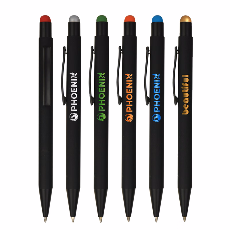 Soft Rubber Click Metal Ballpoint Pen w/Stylus & Chrome