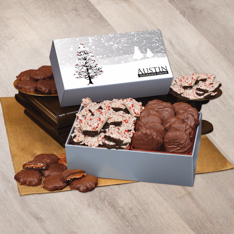 Peppermint Bark & Pecan Clusters in Gift Box with Cardinals in Tree Sleeve