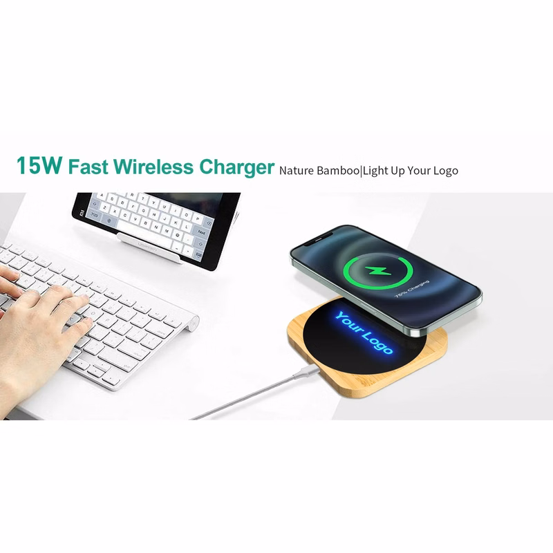 15W Fast Wireless Charger Nature Bamboo Light Up Your Logo
