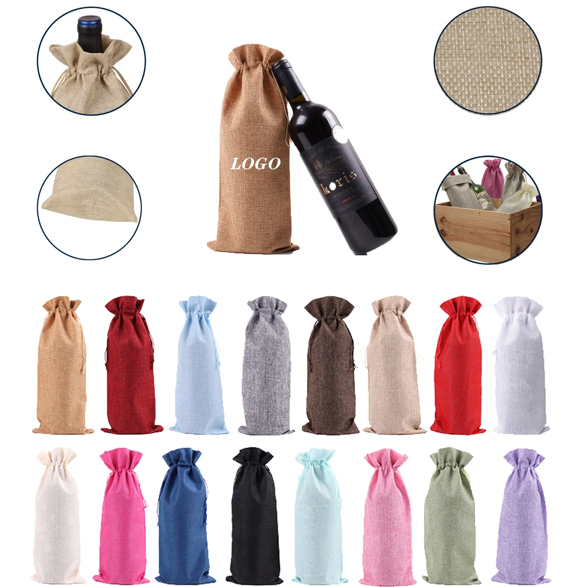 Burlap Wine Bottle Bags w/Drawstring (13.8"x5.9") 1