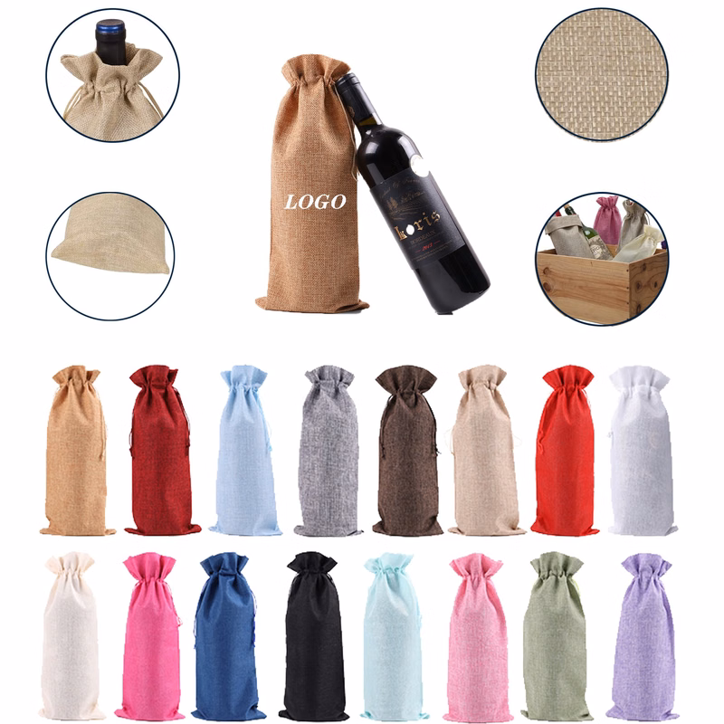 Burlap Wine Bottle Bags w/Drawstring (13.8"x5.9")