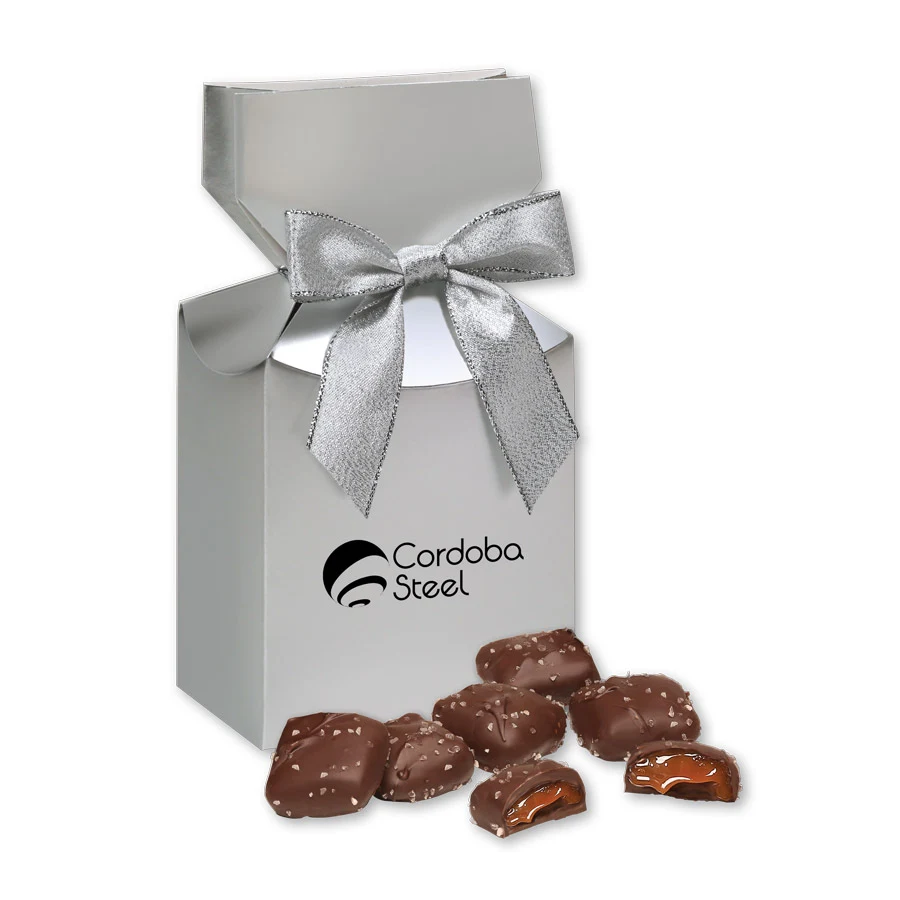Chocolate Sea Salt Caramels in Silver Premium Delights Gift Box 1
