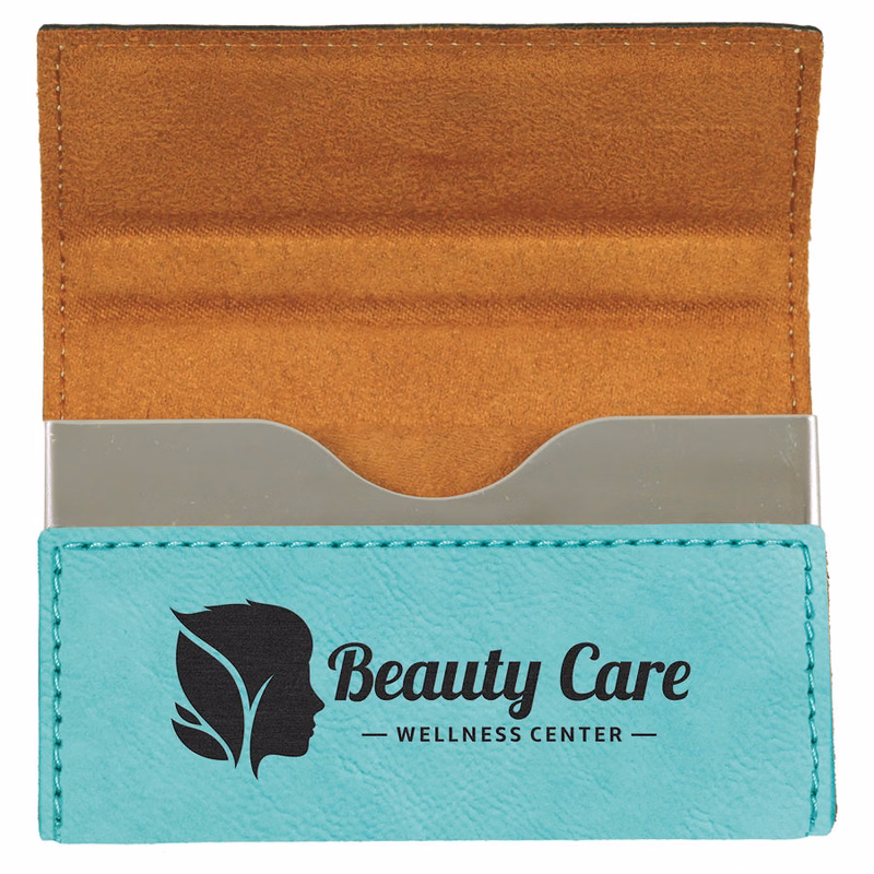 3 3/4" x 2 3/4" Teal Leatherette Hard Business Card Holder