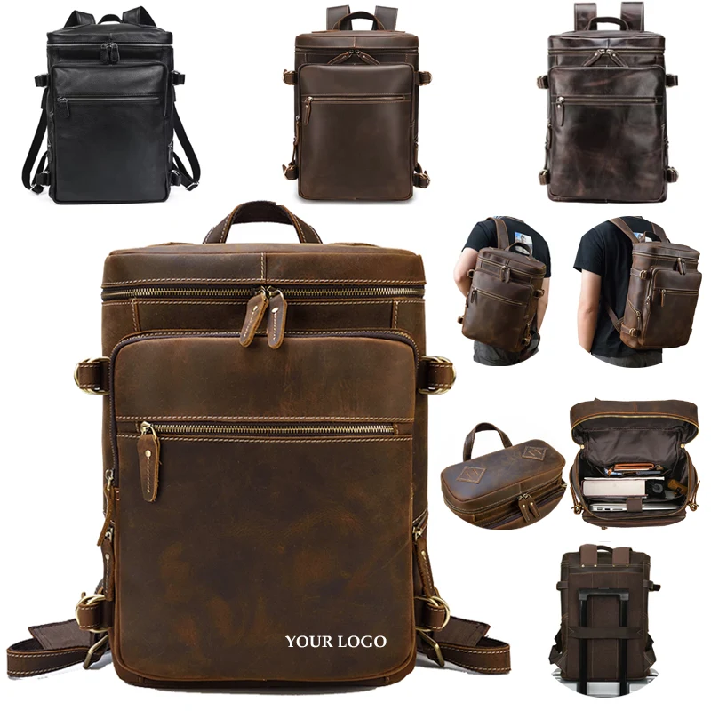 Large Capacity Men's Crazy Horse Leather 15.6 Inch Backpack 1