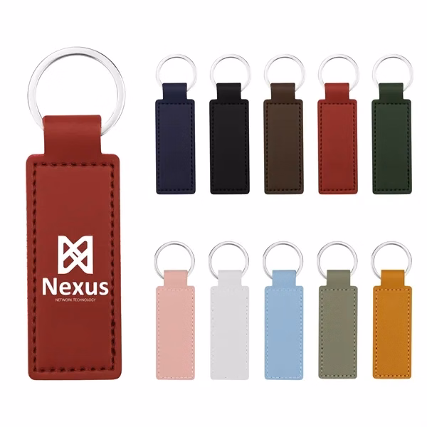 Custom 3.15 Inch PU Leather Rectangular Keychain Fob with Metal Ring — Corporate Promo